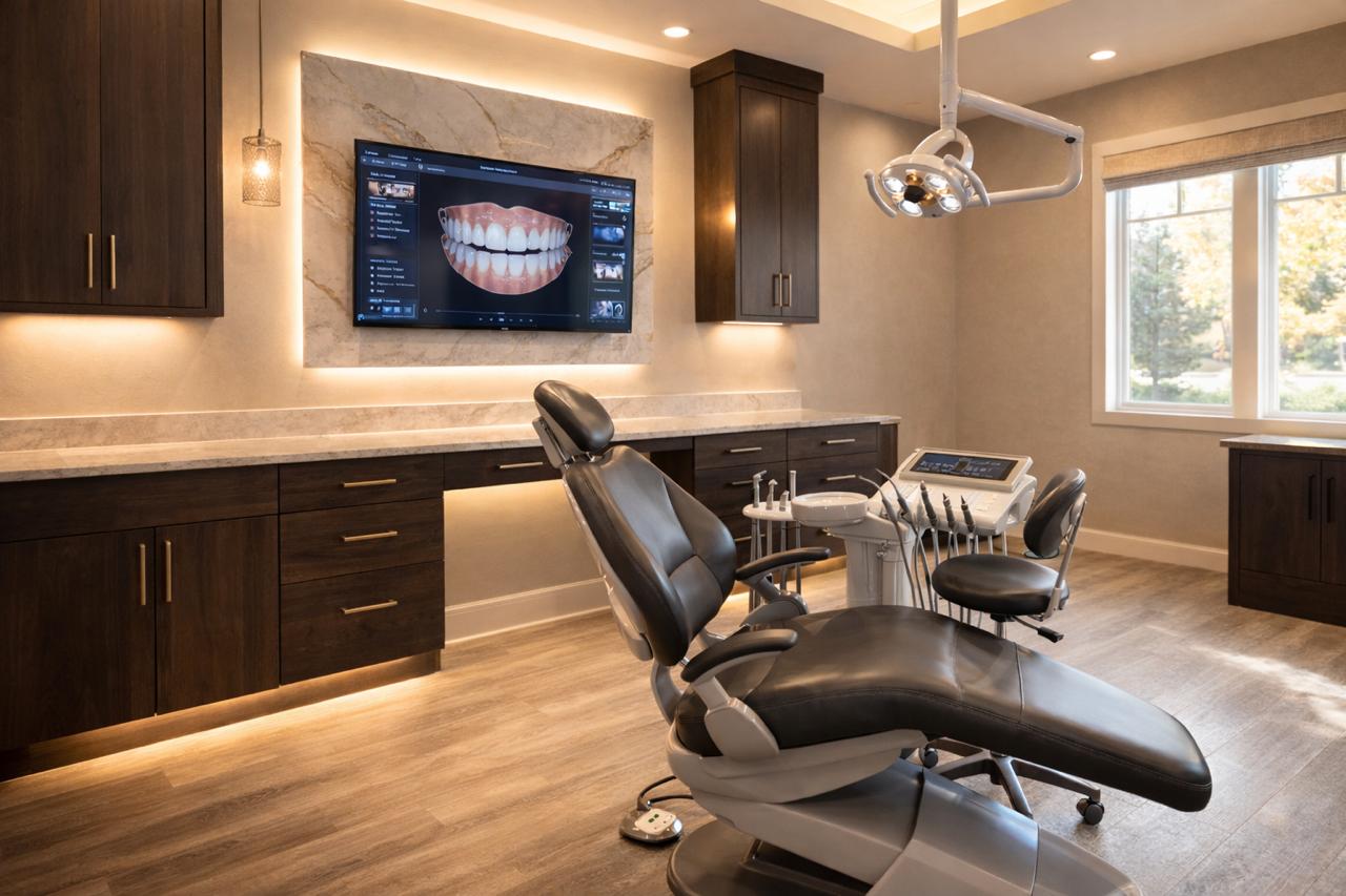 Our luxury dental office lobby with marble accents and warm wood finishes