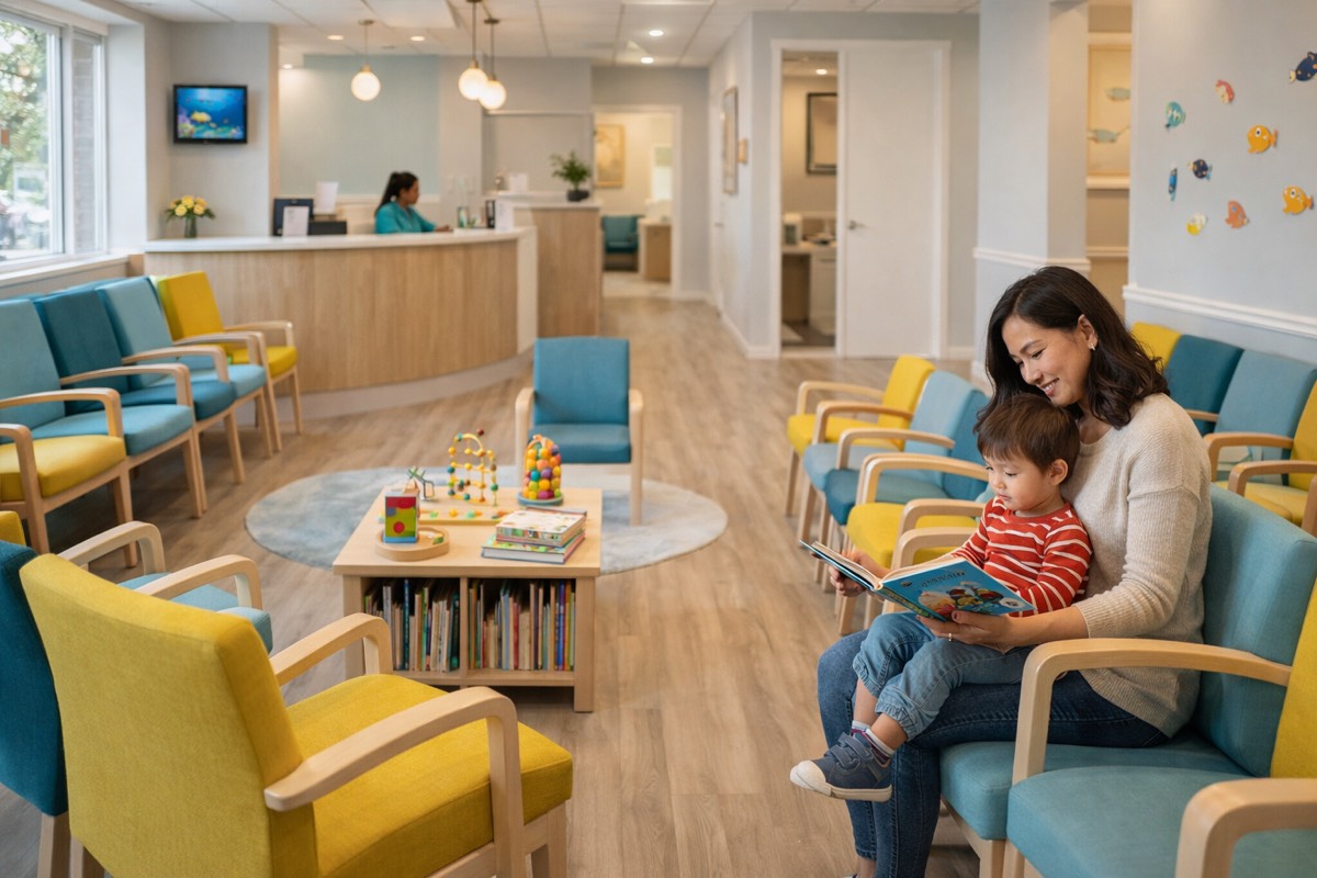 Colorful kid-friendly waiting room with play area at Happy Smiles