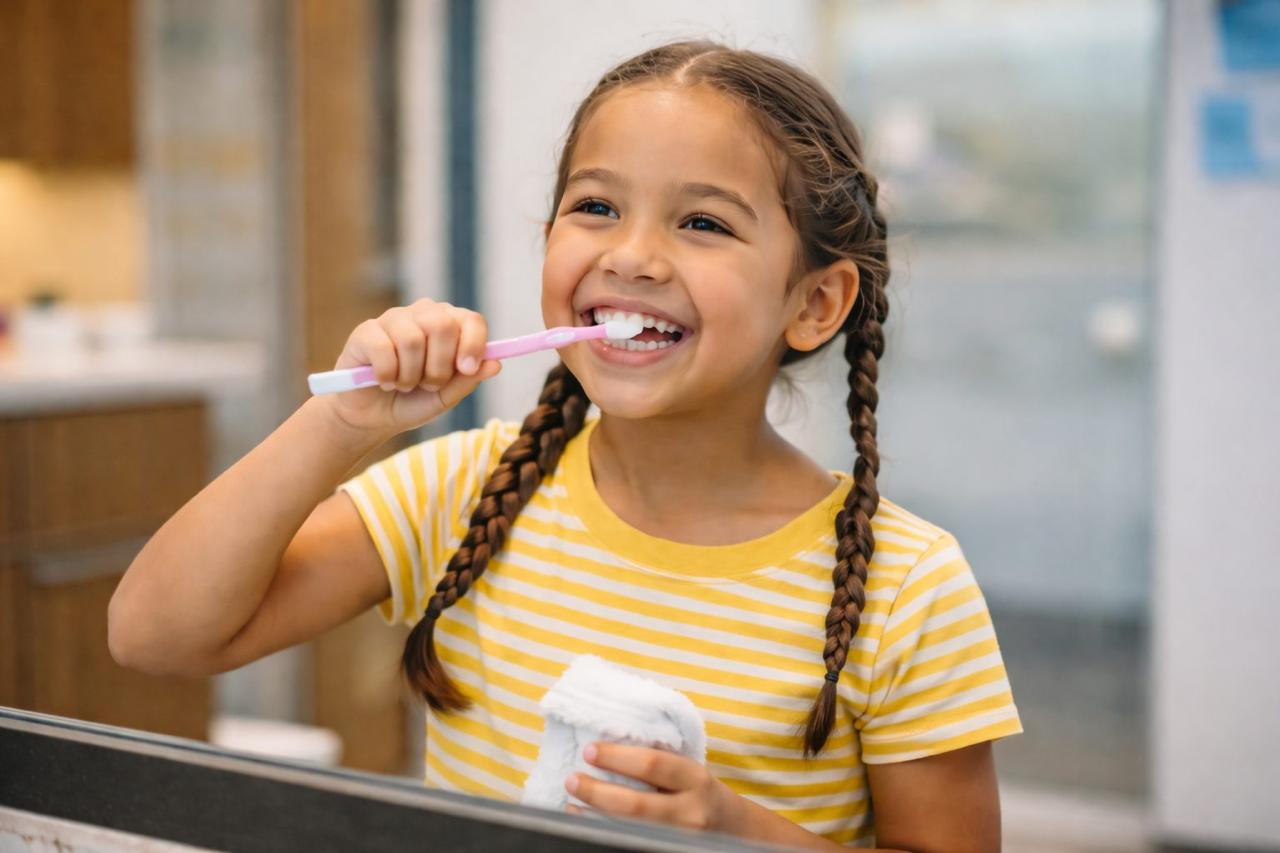 Happy girl brushing teeth